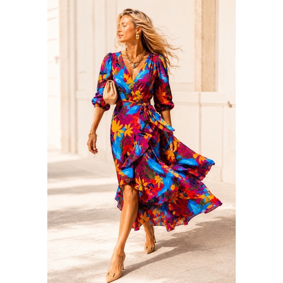Tahari ASL Dresses & Skirts - Tahari ASL Womens Pink Floral Faux Wrap Ruffle Midi Dress Long Sleeve Size 12
